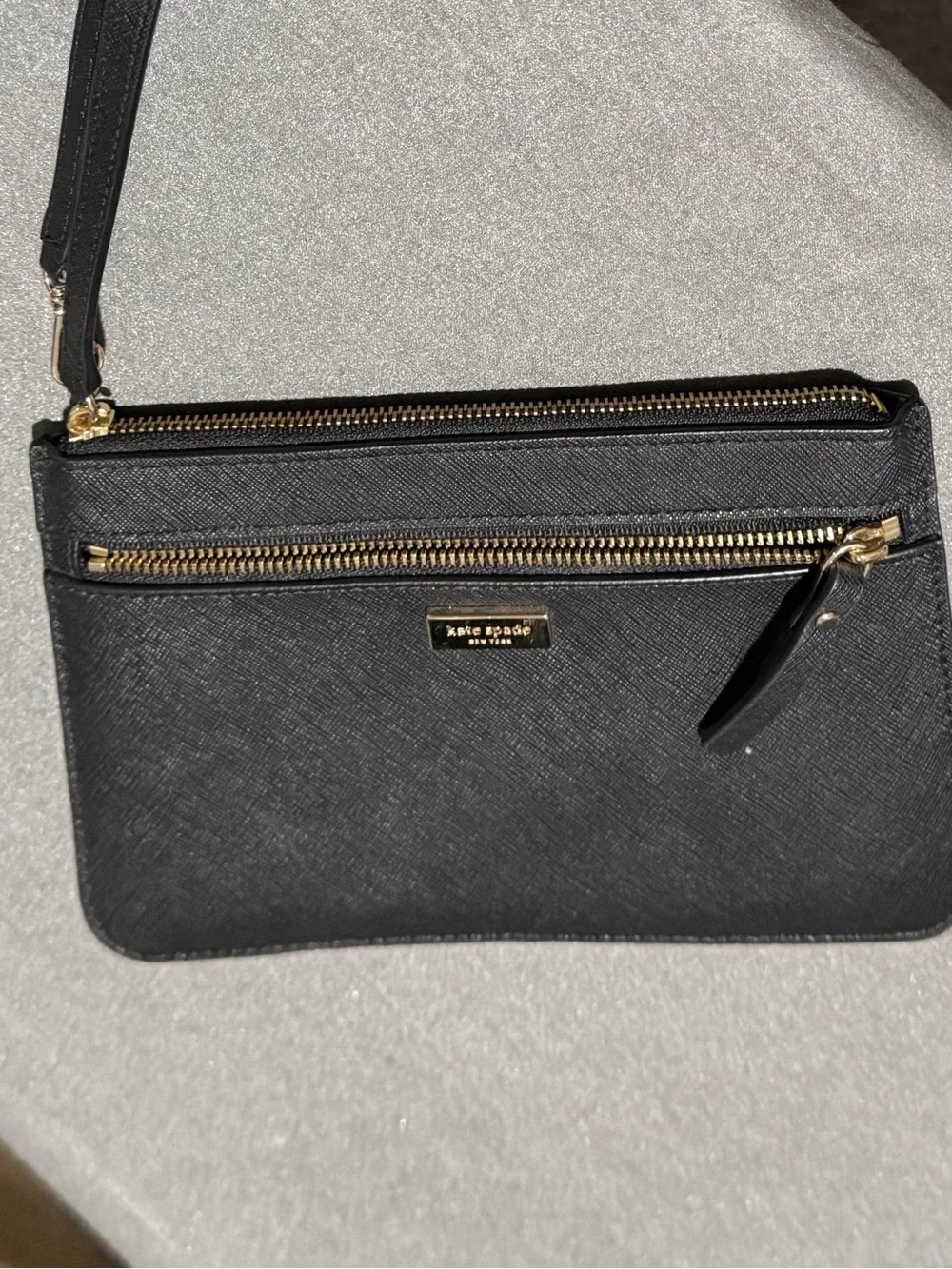 kate spade black saffiano wristlet with gold hardware